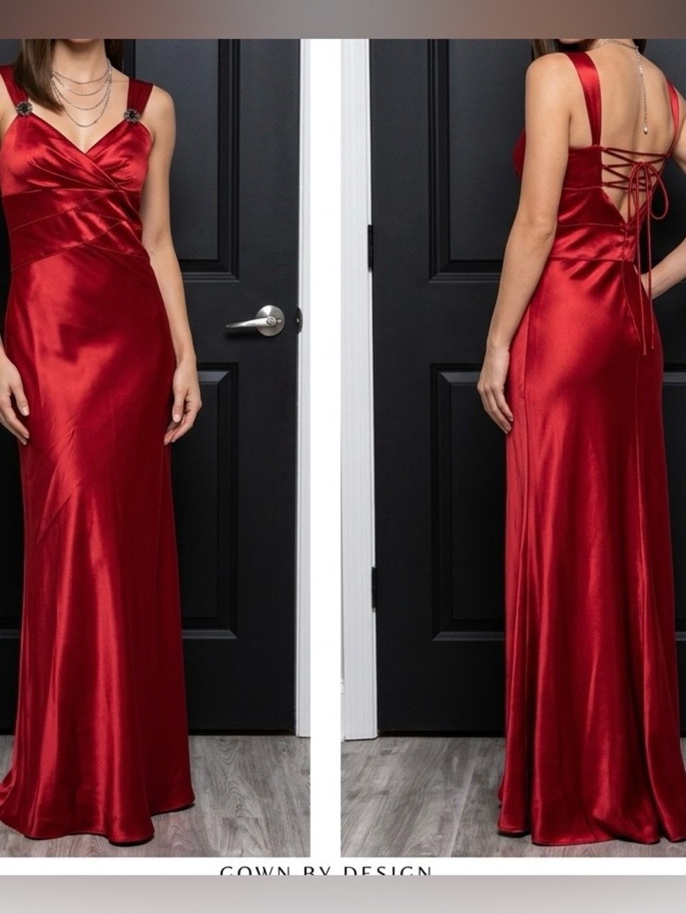 OC Red Satin Evening Gown Babydoll Bias Cut Tie Back Elegant Formal Gown Y2K
